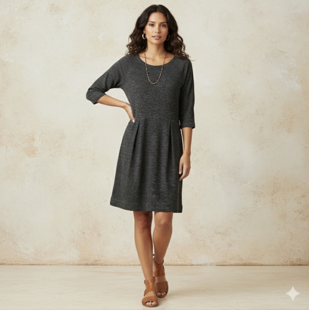 Peruvian Connection Wool Dress L Gray Fit Flare Pleated Cozy Quiet Luxury Preppy